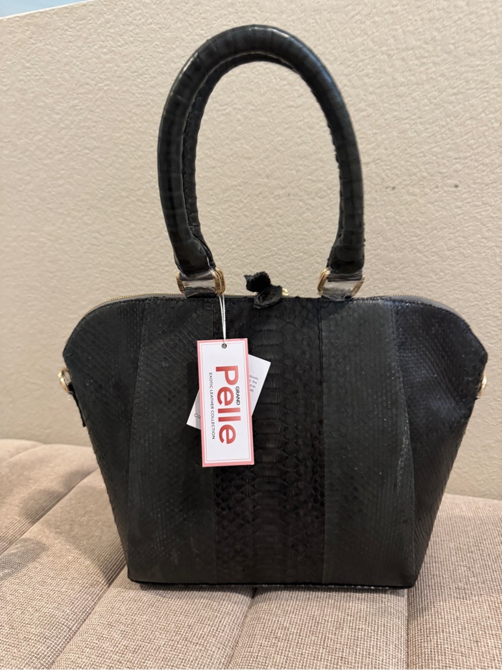 Grand Pelle 100% Genuine Python Leather Tote- Black/Charcoal
